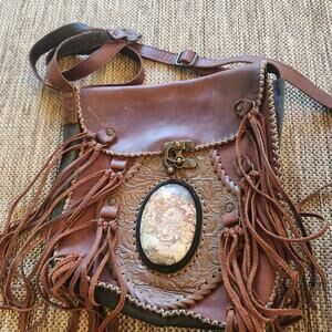 Vida Mia Leather Lulu Fringe Crossbody Bag W/ Stone Handmade Quality Rare Mexico